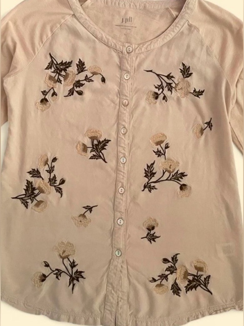 J Jill Embroidered Floral Blouse Cream Button Up Cottagecore Boho XS